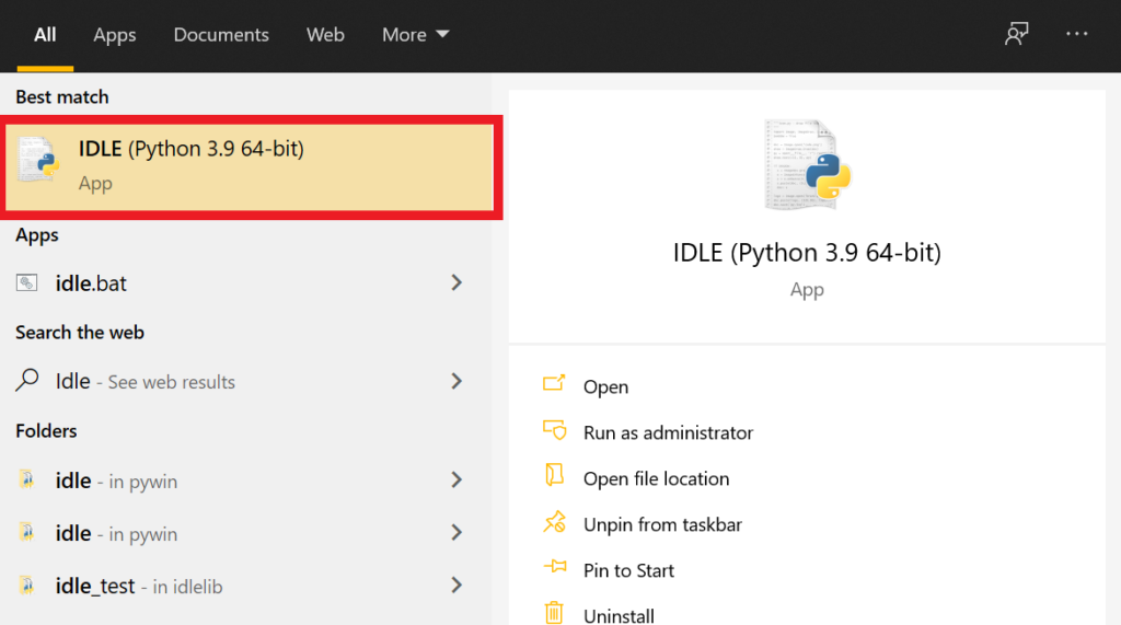 search for python idle in system